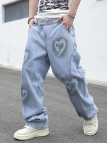 Manfinity Hypemode Men's Loose Heart Print Pocket Wide Leg Casual Jeans - Light Wash - View 1
