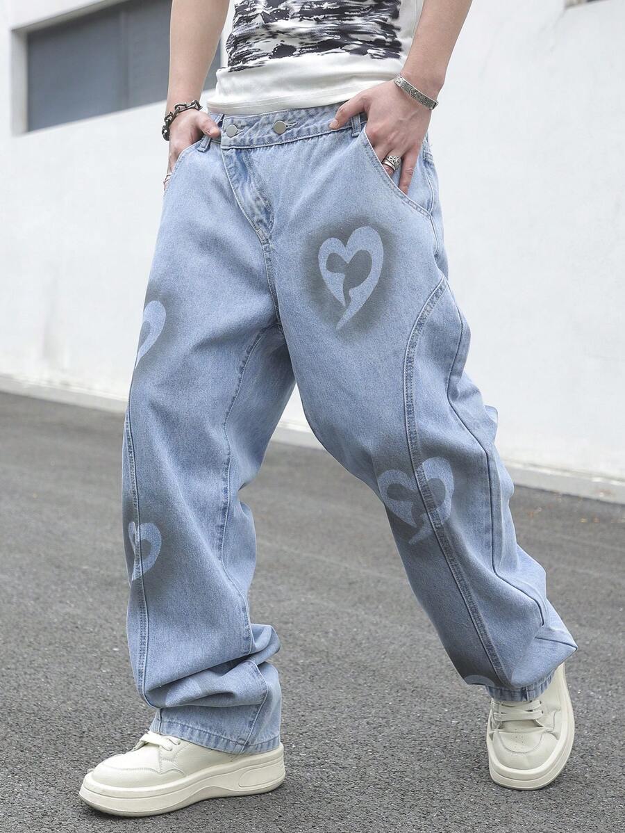Manfinity Hypemode Men's Loose Heart Print Pocket Wide Leg Casual Jeans - Light Wash - View 1