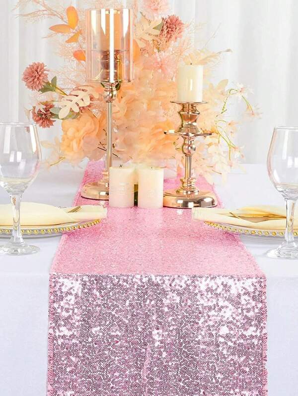1 Pieza Camino de mesa de 180*30Cm con lentejuelas rosa brillante, mantel desechable, decoración de mesa desechable rosa, adecuado para fiestas, cumpleaños, bodas y reuniones familiares