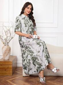 Lacomfia Women Loose Ink Painting Pattern Short Sleeve Dress - Army Green - View 1