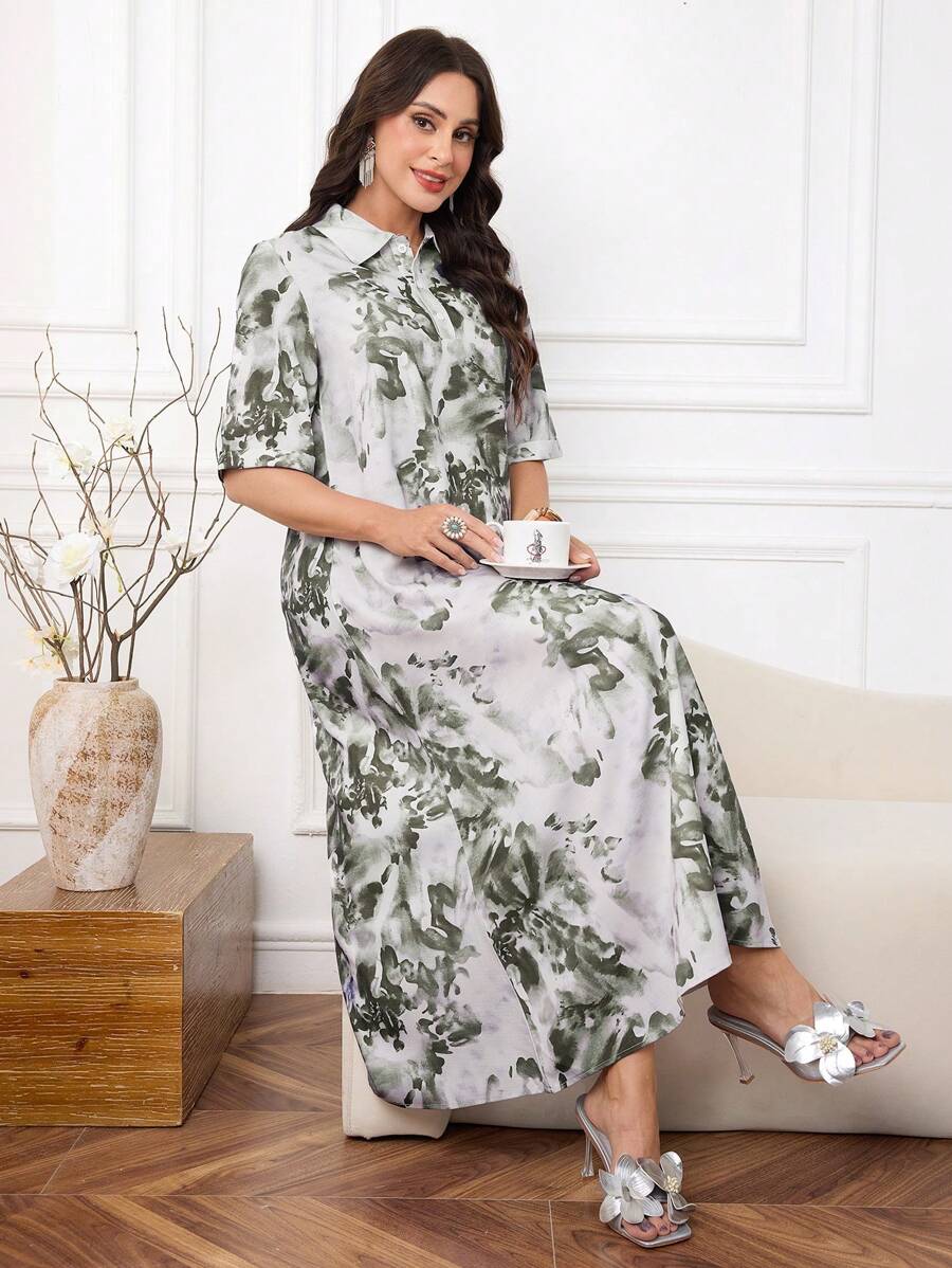 Lacomfia Women Loose Ink Painting Pattern Short Sleeve Dress - Army Green - View 1