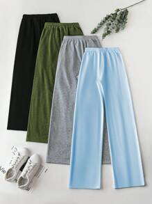 Chiquease 4pcs Women Casual Set: Fleece Sweatshirt With Drawstring, Wide Leg Pants With Contrast Color