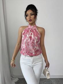 Breezaya 女士休闲印花挂脖式衬衫，非常适合度假