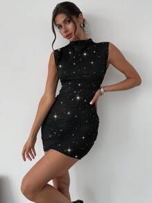 SHEIN Privé Solid Black Shiny Pleated Bodycon Sleeveless Mini Dress, Sexy Club Wear For Music Festival, Back To School, Elegant Vintage Style, Suitable For Valentine's Day, Wedding Season, Dates And Parties Concert Rave Outfit Women - Black - View 7