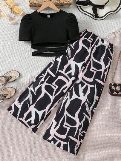 Sparklyn Conjunto de 2 piezas para niña preadolescente con blusa de manga abullonada y pantalón largo estampado completo en unicolor - Conjunto de ropa de verano para niña preadolescente