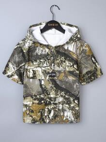 1 Set Teen Boys American Camo Denim Jacket + Casual Loose Straight Leg Jeans Shorts - Multicolor - View 5