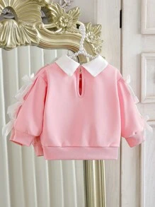 SHEIN Elladie kids 女婴简约二合一衬衫领运动衫，时尚领带袖设计，休闲运动 - 彩色 - 查看 2