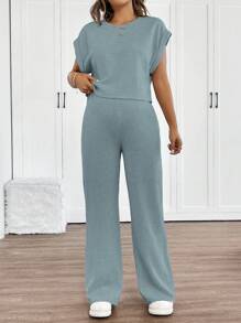SHEIN Conjunto de top holgado de manga tipo murciélago y pantalones de punto de color albaricoque, conjunto de maternidad informal y holgado, adecuado para usar en primavera/verano a diario - Azul - Ver 3