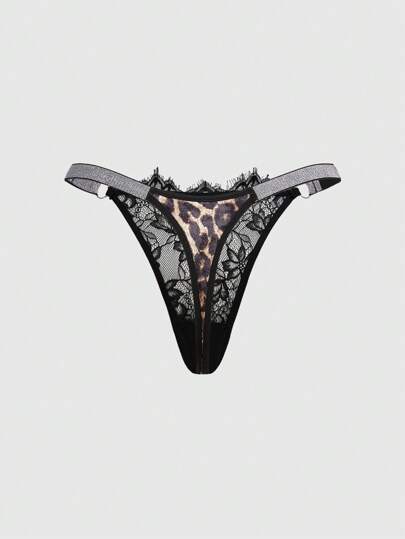 Goth Plus Size Dark Lace Leopard Print G-String With Silver Ribbon Straps