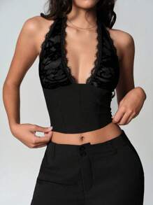 TRNVIE 女式蕾丝拼布吊带背心 - 黑色 - 查看 4