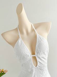 Soleia Vestido corto de mujer con escote en V y lazo en el cuello, diseño de espalda de encaje, ideal para la playa y vacaciones de verano románticas - Blanco - Ver 4