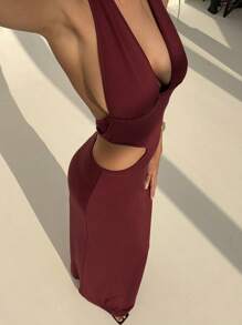 Aloruh Nowa seksowna sukienka z głębokim dekoltem w serek i wiązaniem w talii, z wycięciem z boku, w kolorze czerwonym, wiosna/lato