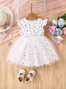 Baby Girl Casual Colorful Polka Dot White Ruffle Hem Short Sleeve Mesh Dress, Suitable For Daily Casual Wear, Outdoor Activities And Small Gatherings, Spring/Summer - White - View 4