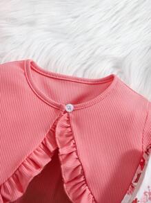 SHEIN 2pcs Young Girl Red Heart Ribbon Dress And Ruched Ruffled Cardigan Set - Pink - View 5