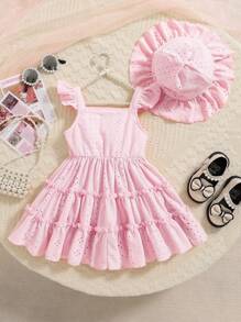 SHEIN 2 件套婴幼儿女孩可爱优雅纯粉色花卉条纹孔眼刺绣公主裙和太阳帽套装，适合度假、生日派对、拍照、春夏新品