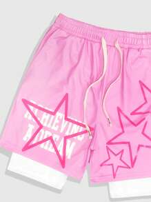 ROMWE MEN Prep Men's Anime Star Print Drawstring Waist Athletic Shorts - Multicolor - View 4