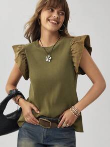 Wildy Western Wear Women Women's Wash Vintage Round Neck Cap Sleeve Knit Patchwork Casual Cap Sleeve T-Shirt