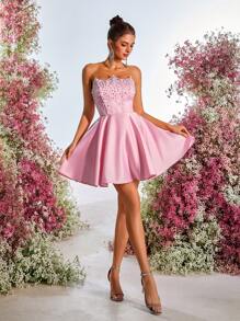 Lovelzi Elegant, Romantic, Dignified, Summer, Pink, Satin, Hot Rhinestone, Computer-Made Beads, Faux Pearls, Fishbone Waist, A-Line, Back Straps, Festival, Music Festival, Vacation, Date, Wedding Event, Dance, Cocktail Dress, Party Dress, Wedding Guest Dress, Prom Dress,Graduation,Graduation Dresses For Women,Back To School Dress - Pink - View 1