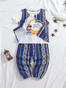 3pcs/Set Young Boy Abya Moon Lantern Retro Print T-Shirt, Totem Retro Print Vest, And Pants Set. This Culturally Meaningful 3-Piece Set Is Great For Celebration, Family Gatherings, Festivals, Or Everyday Wear, Showcasing The Vitality And Personalized Of Young Boys. - Blue - View 3