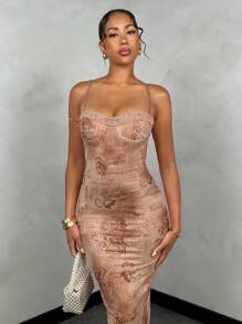 SHEIN BAE 夏季女士性感复古花卉印花蕾丝紧身连衣裙 - 卡其色 - 查看 5