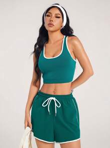 Tropiluxe Conjunto de 2 piezas de top de tirantes finos y shorts minimalista para mujer