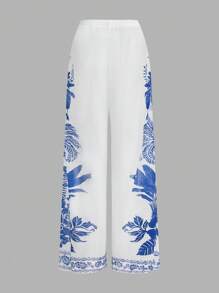 SHEIN Swim Oasis 2pcs/Set Floral Print V-Neck One-Piece Swimsuit And Wide Leg Pants Cover Up Beach Vacation Set - Blue and White - View 6