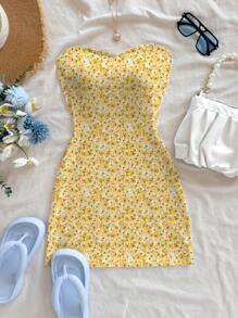 Soleia Women's Minimalist Chic Flower Print Mini Dress, Suitable For Summer/Spring,Pastel Dresses For Women Suitable For Going Out - Yellow - View 5