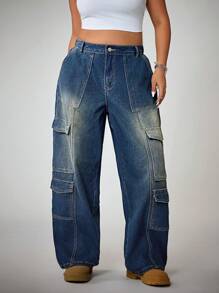 SHEIN ICON Plus Size Casual Washed Denim Cargo Pants - Barrel Jeans