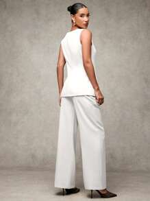 SHEIN BAE Women's Elegant Gold Tone 3D Floral Button Sleeveless Jacket And Pants Set In Fall/Winter - White - View 5