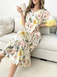 Contrast Color Splice Ruffle Hem Short Sleeve Floral Print Long Nightgown - Multicolor - View 1