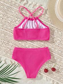 SHEIN 2pcs/Set Girls Pink Textured Bikini Swimsuits Top And Bottom - Hot Pink - View 2