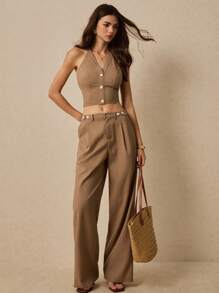 Poéselle 女式领结前扣短款露背上衣 - 咖啡棕 - 查看 3