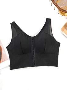 纯色网眼拼布前开襟紧身衣