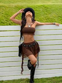 SHEIN EZwear 2pcs/Set Women Solid Color Frill Trim Cropped Tube Top & Mini Skirt Set, Festival Outfit - Brown - View 6