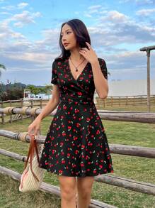 SHEIN EZwear Summer Holiday Cherry Print V-Neck A-Line Short Dress
