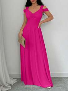 Rafferiza V-Neck Cinched Waist Retro Vintage Style Women Dress Fall Cloth For Women - Hot Pink - View 8