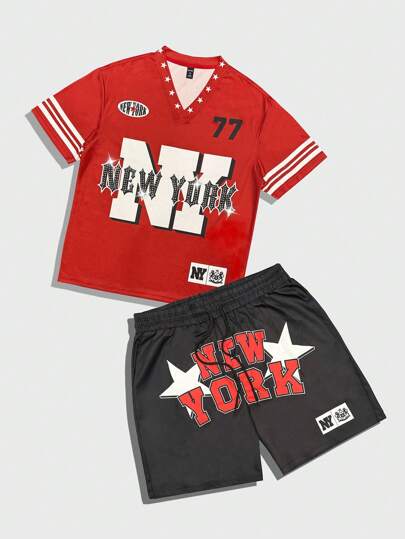 Prep Ensemble de t-shirt à manches courtes et short avec imprimé lettres, pour homme