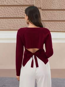 EURMUSE Damski sweter w jednolitym kolorze z wycięciem na plecach i ściągaczem