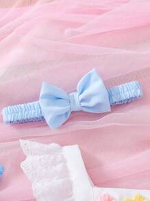 SHEIN Conjunto de 2 piezas de body con diadema para bebé niña, de nueva llegada para primavera-verano, con diseño floral hueco bordado en contraste de color blanco y azul, apropiado para uso diario y vacaciones de primavera-verano - Azul - Ver 7