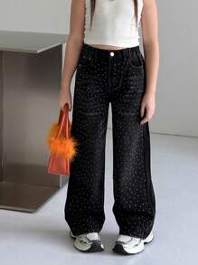 Tween Girls Fashion Rhinestone Starry Sky Washed Black Denim Jeans - Black - View 5