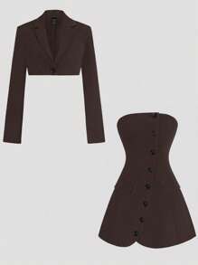 Lunelith SHEIN Lunessa Women's Plain Color Casual Bandeau Dress And Collared Jacket Suit Design, Autumn/Winter