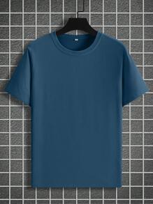 Manfinity Homme Plus Size Men's Simple Solid Color Casual Short Sleeve T-Shirt - Blue - View 6