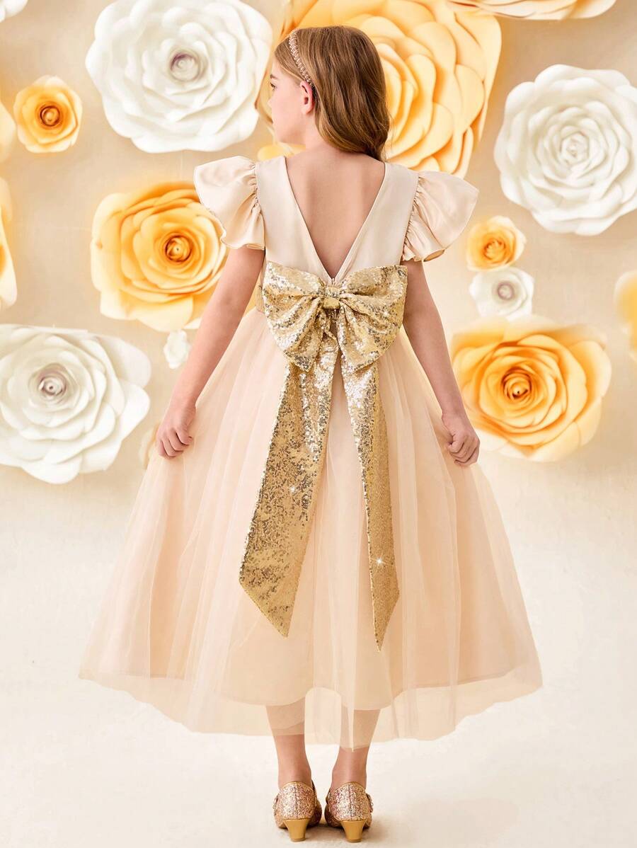 SHEIN 女童缎面和网眼面板亮片 V 领连衣裙,带超大蝴蝶结后背装饰,优雅公主礼服,适合选美、生日派对、情人节、花童 - 杏色 - 查看 1