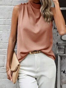 SHEIN Clasi Áo sơ mi nữ trơn màu không tay thời trang tối giản, phù hợp cho mùa hè - Bụi hồng - Xem 4