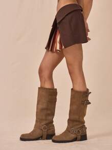 MUSERA Fold Over Waistband Layered Striped Pleated Miniskirt Only For Springs Summer