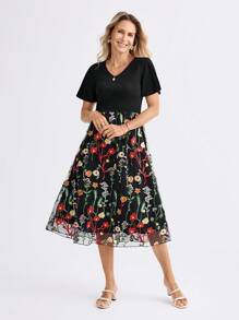 Miaspire Vestido Midi Elegante com Babados na Manga, Decote em V, Tule Contrastante e Bordado, Adequado para Ocasião de Casamento, Primavera/Verão