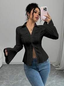 Selianne 1pc Women's French Style White V-Neck Collared Shirt, Cinched Waist Elegant Blouse, Autumn Fall Cloth For Women - Black - View 4