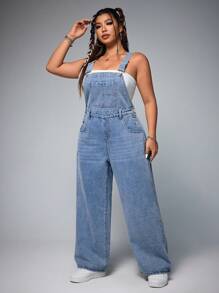 SHEIN ICON Plus Size Women Loose Casual Pocket Straight Leg Denim Jumpsuit - Blue - View 3