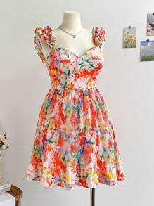 Soleia Robe d'été à imprimé floral plissée avec fronces à la taille pour femmes en grandes tailles, pour le printemps