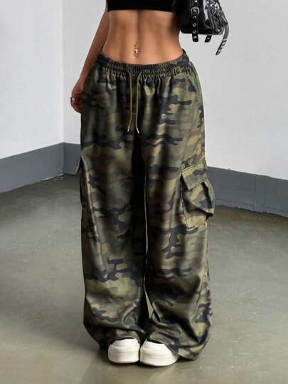 StreetHx 女式抽绳腰部松紧腰部宽松口袋迷彩裤